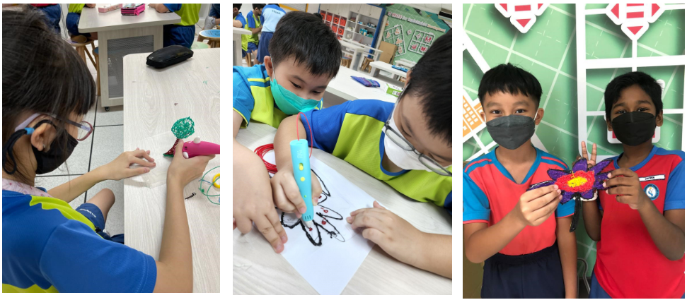 Children wearing masks use 3D pens to create colorful designs, and two boys hold finished butterfly crafts.